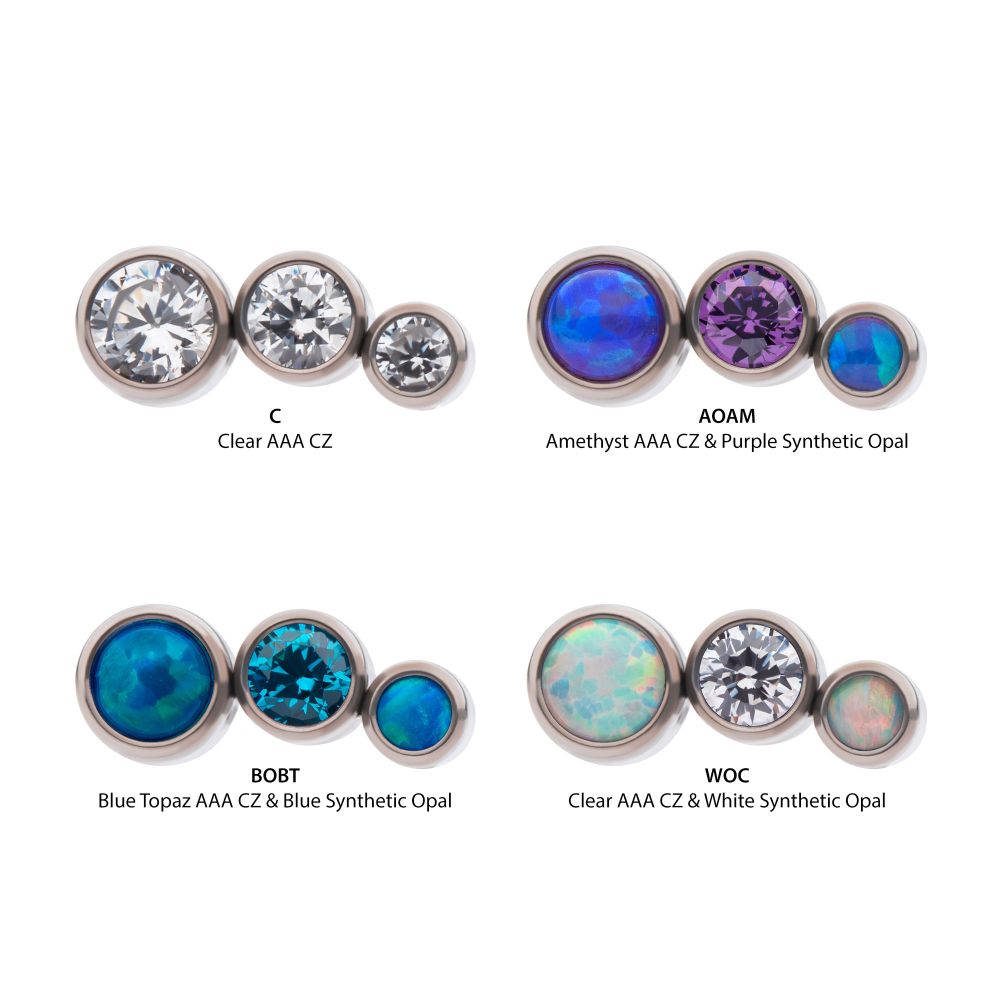 Titanium Internally Threaded Bezel Set CZ/Opal Staggered 3-Cluster Top