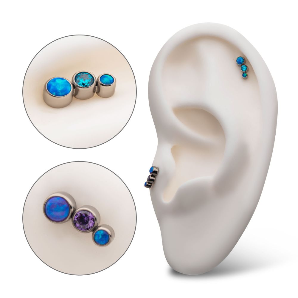 Titanium Internally Threaded Bezel Set CZ/Opal Staggered 3-Cluster Top