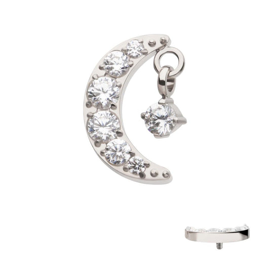 Titanium Internally Threaded Crescent Moon CZ Top with Dangle Pronged Round CZ