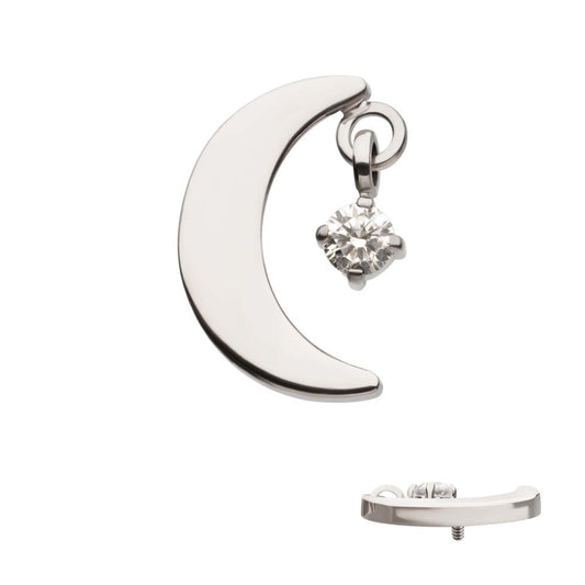Titanium Internally Threaded Crescent Moon Top with Dangle Pronged Round CZ