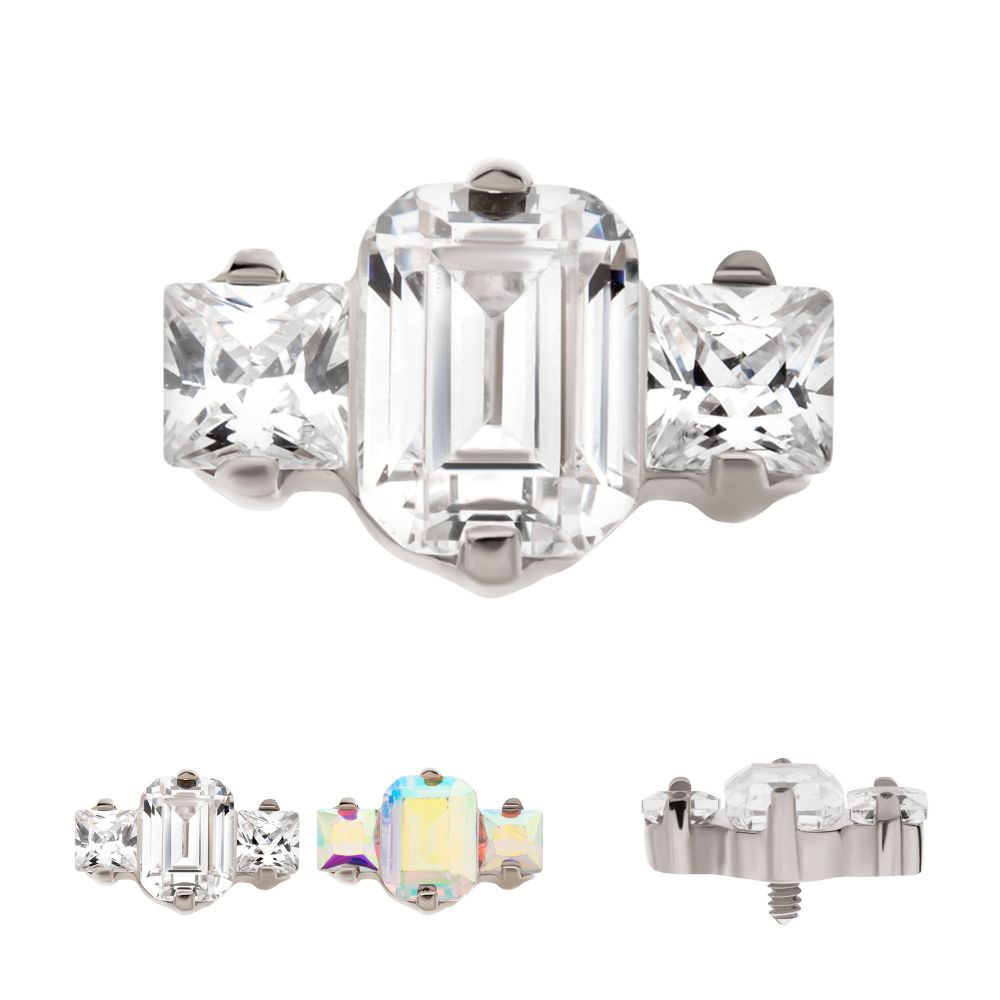 Titanium Internally Threaded Prong Set Emerald Cut & Princess Gem 3-Cluster Top