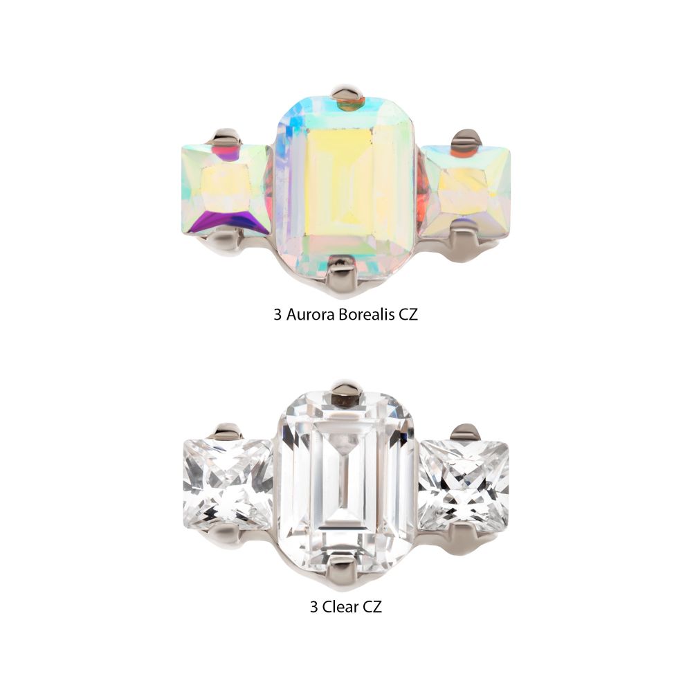 Titanium Internally Threaded Prong Set Emerald Cut & Princess Gem 3-Cluster Top