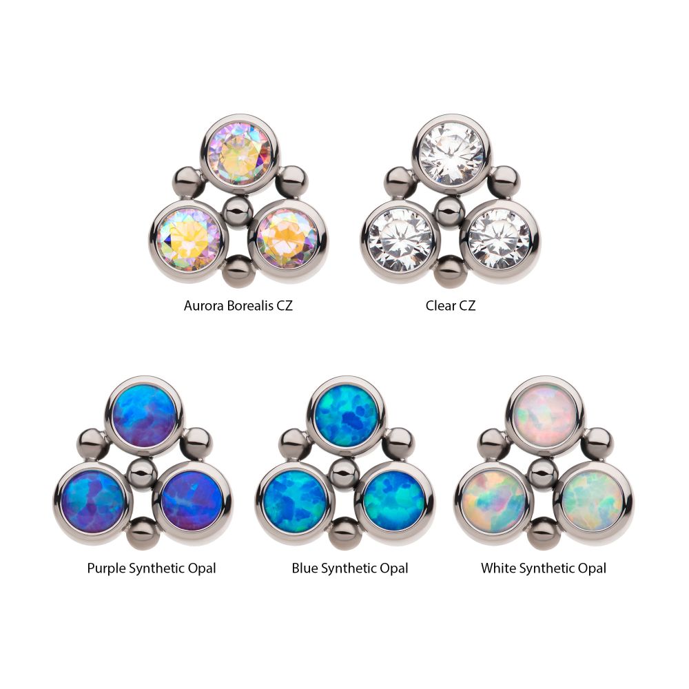 Titanium Internally Threaded 4-Bead Bezel Round CZ/Opal 3-Cluster Top