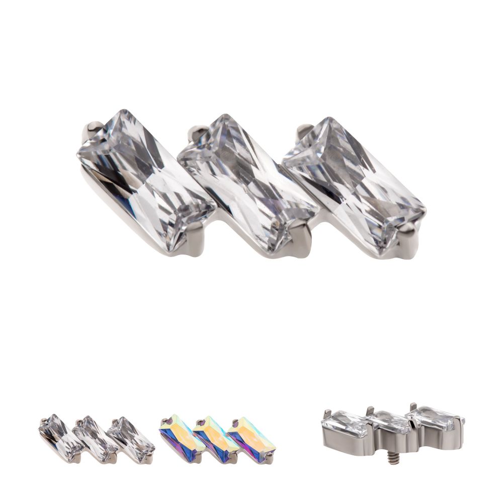 Titanium Internally Threaded Prong Set Baguette CZ Diagonal 3-Cluster Top