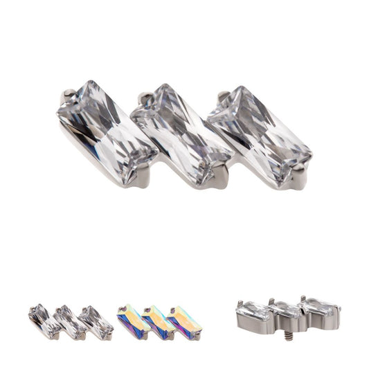 Titanium Internally Threaded Prong Set Baguette CZ Diagonal 3-Cluster Top