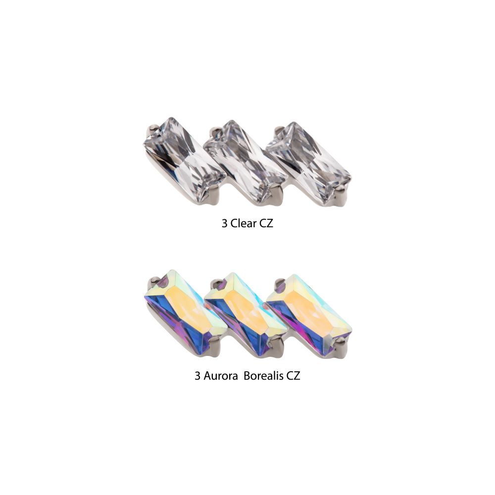 Titanium Internally Threaded Prong Set Baguette CZ Diagonal 3-Cluster Top
