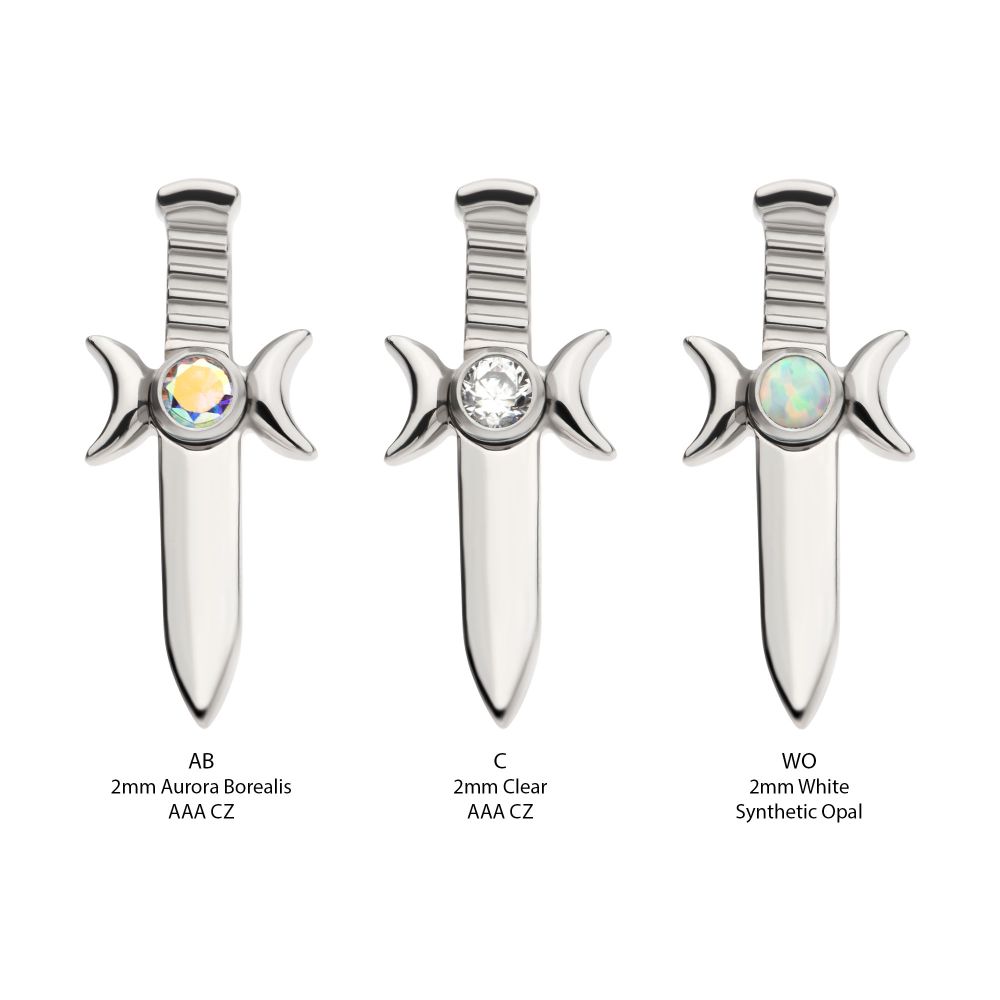 Titanium Internally Threaded with Bezel Set 2mm CZ/Opal Triple Moon Phase Dagger Top