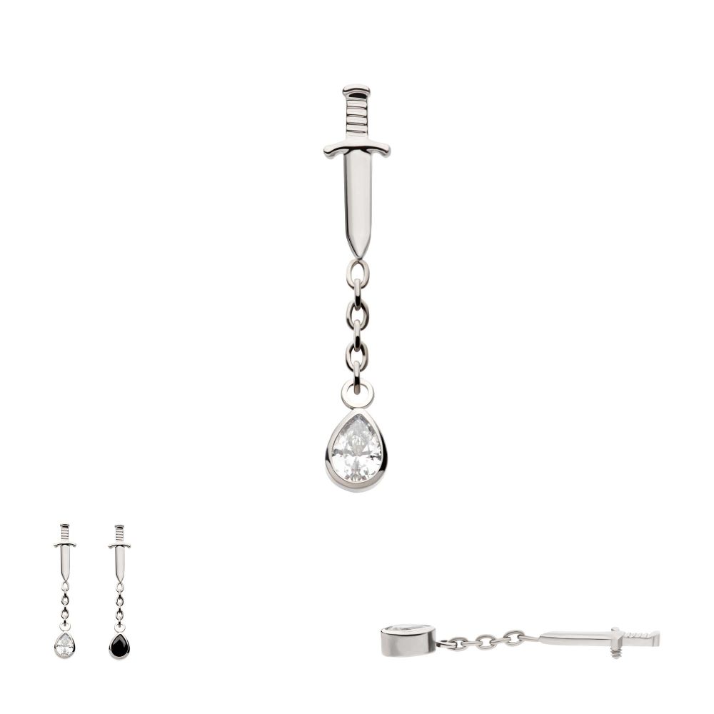 Titanium Internally Threaded Dangle Chain Bezel Teardrop CZ Dagger Top