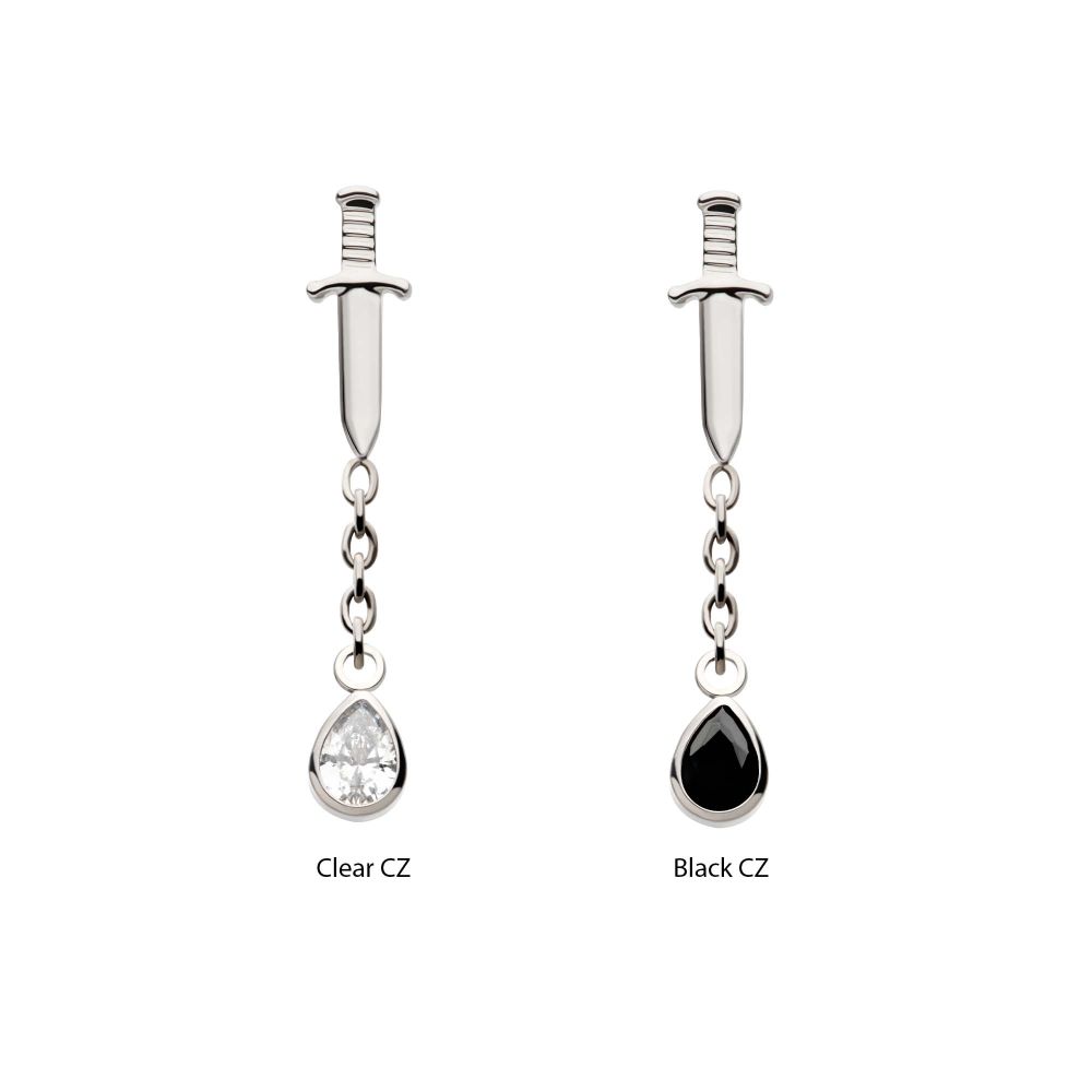 Titanium Internally Threaded Dangle Chain Bezel Teardrop CZ Dagger Top