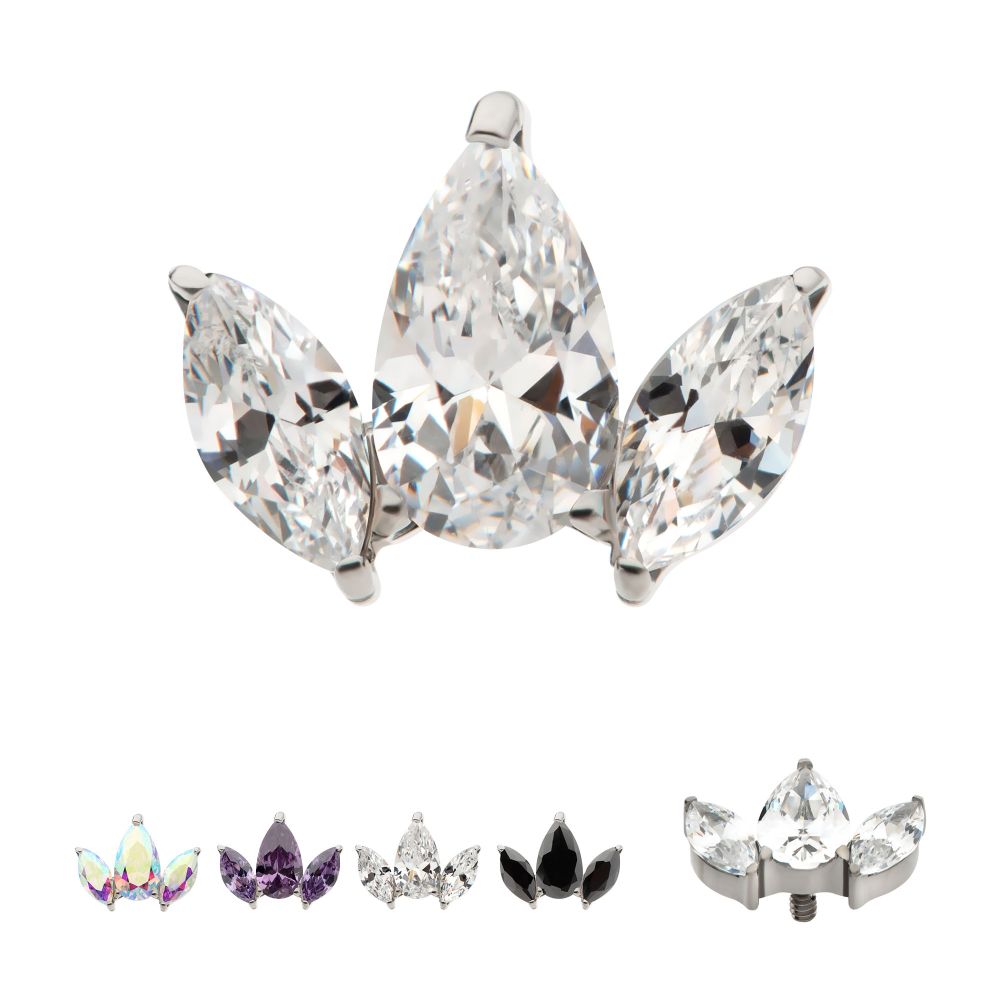 Titanium Internally Threaded 3 Cluster Top with Prong Set Teardrop & Marquise CZ
