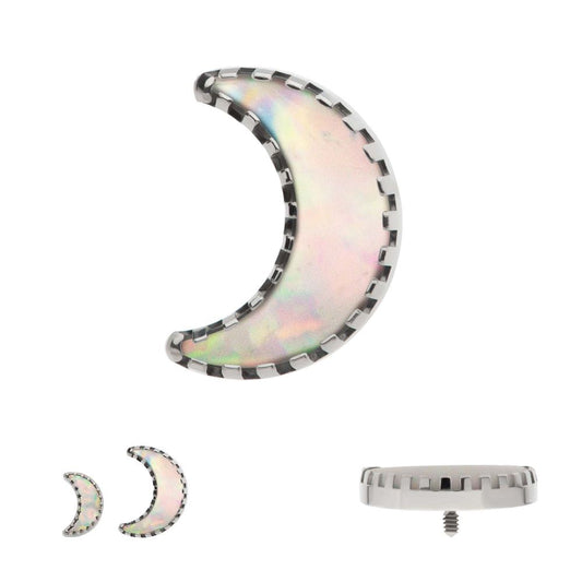 Titanium Internally Threaded Crescent Moon Top with Prong Set White Opal 