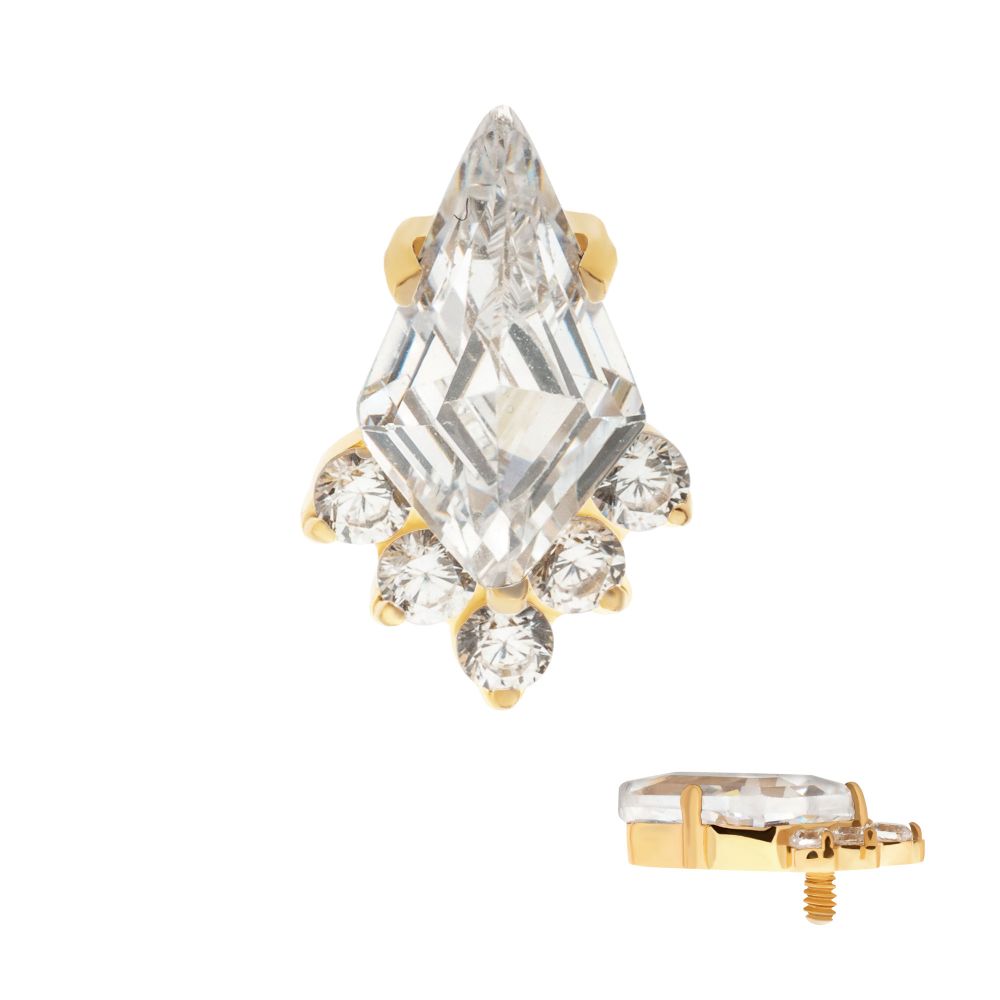 24Kt Gold PVD Titanium Internally Threaded Prong Set Kite Shape CZ Top with 5-Cluster Round CZ