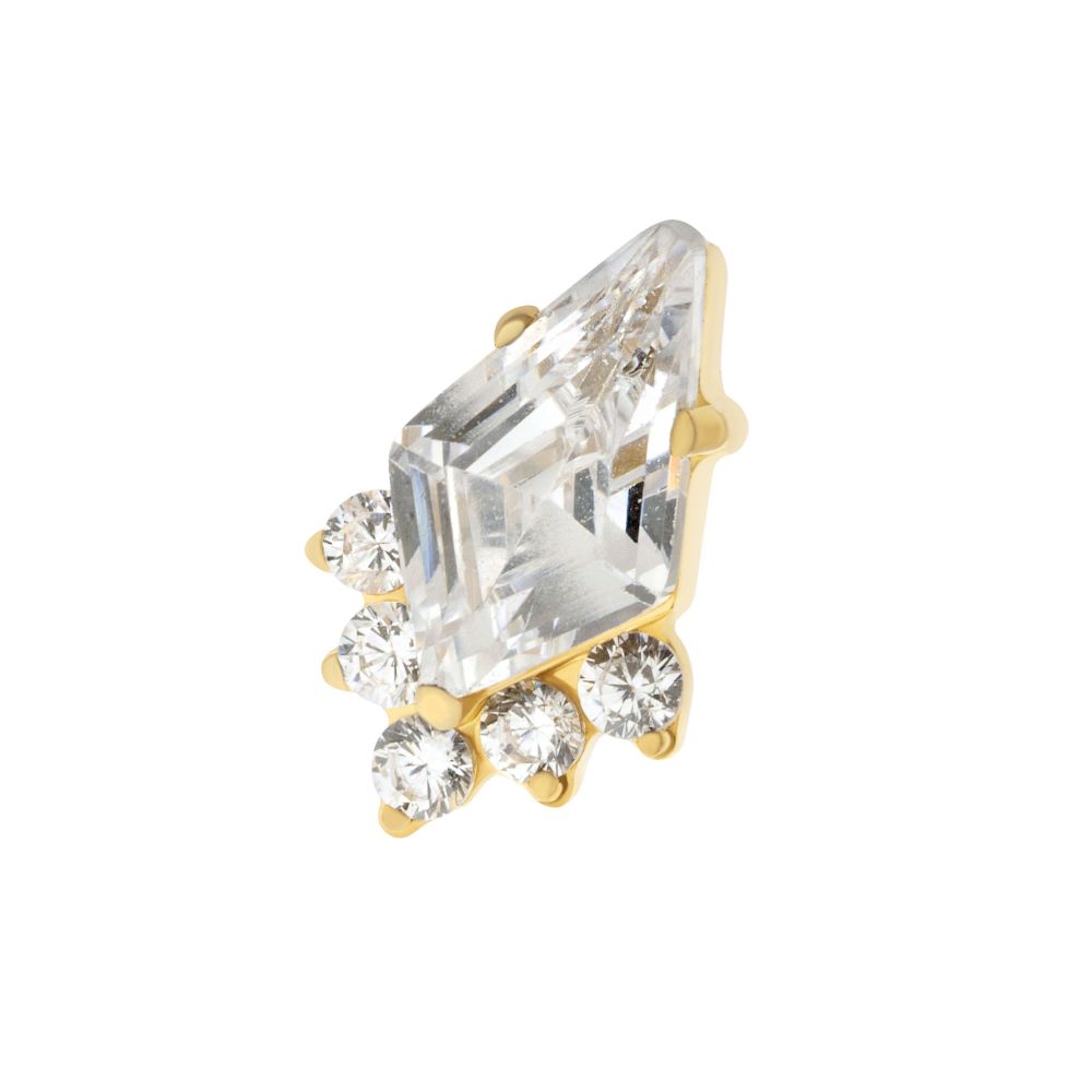 24Kt Gold PVD Titanium Internally Threaded Prong Set Kite Shape CZ Top with 5-Cluster Round CZ