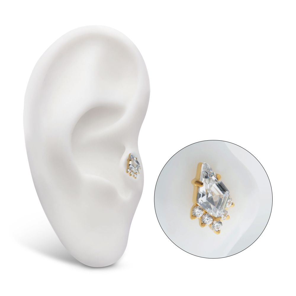 24Kt Gold PVD Titanium Internally Threaded Prong Set Kite Shape CZ Top with 5-Cluster Round CZ