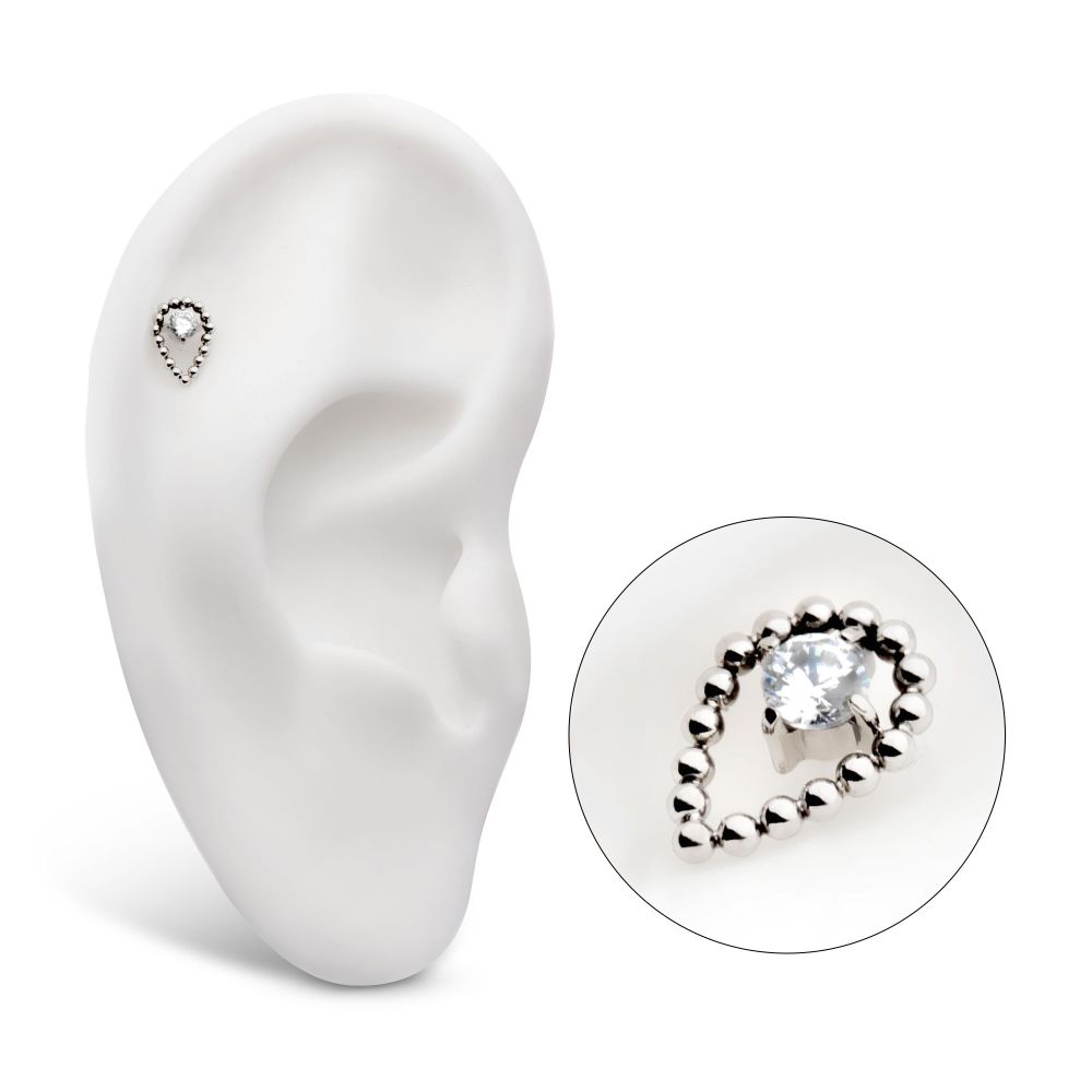Titanium Internally Threaded Hollow Teardrop Shape Beads with Prong Set CZ Top