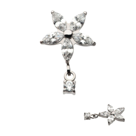 Titanium Internally Threaded 5 Marquise CZ Flower Shape Top with Dangle Prong Set Round CZ