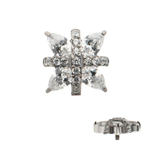 Titanium Internally Threaded Paved CZ Cross with Pronged Marquise CZ Flower Top