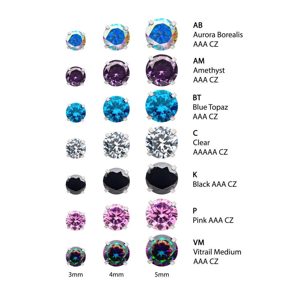 14g Low Profile Titanium Internally Threaded with Prong Set Round 3A/5A CZ Top