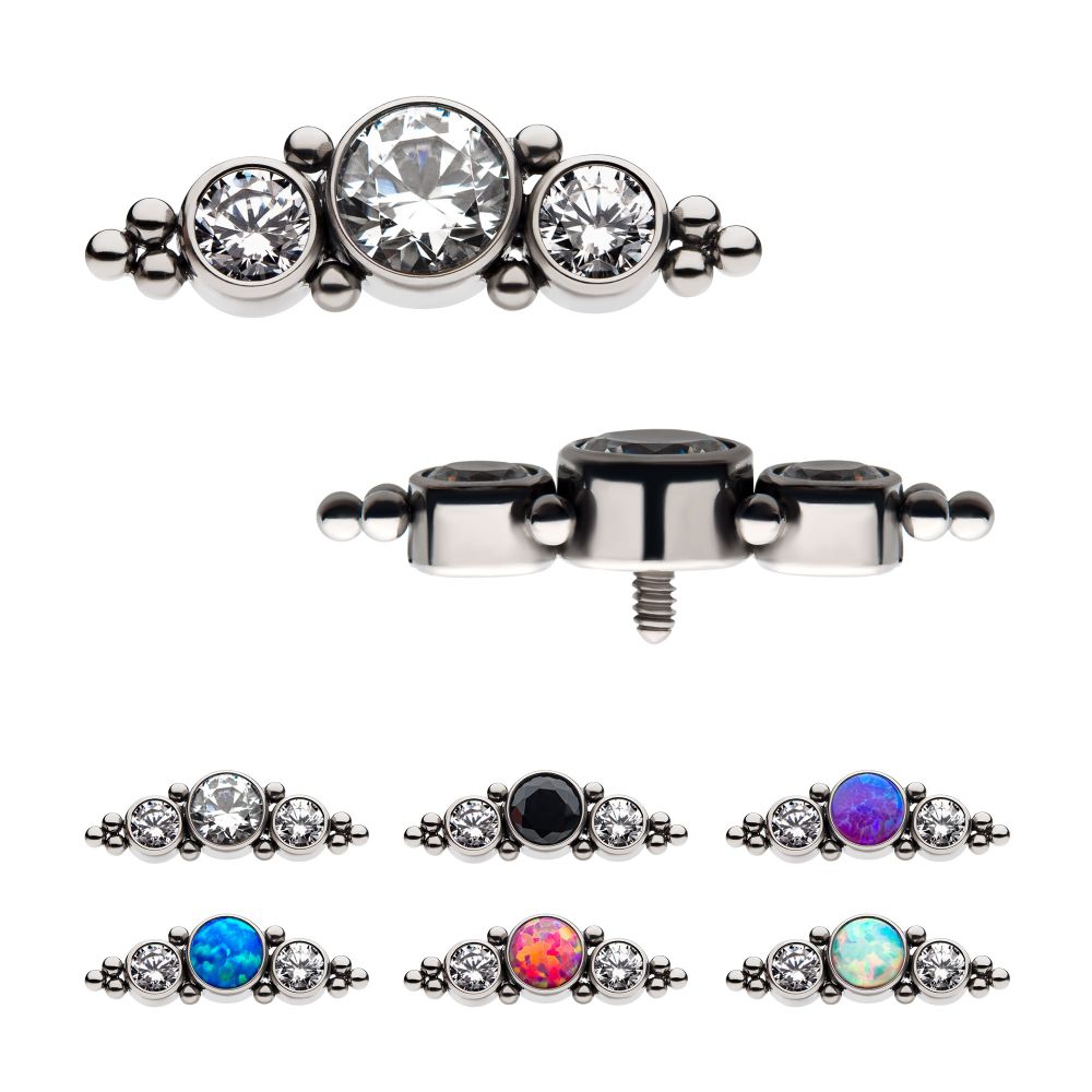 Titanium Internally Threaded 3-Bezel Set Synthetic Opal/AAA Gem/Swarovski Zirconia & Beads Cluster Top