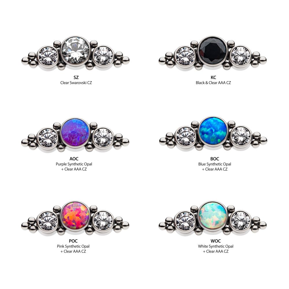 Titanium Internally Threaded 3-Bezel Set Synthetic Opal/AAA Gem/Swarovski Zirconia & Beads Cluster Top