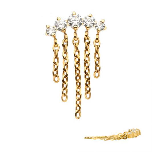 24Kt Gold PVD Titanium Internally Threaded 5-Cluster Round AAA CZ Top with 5 Dangle Chains