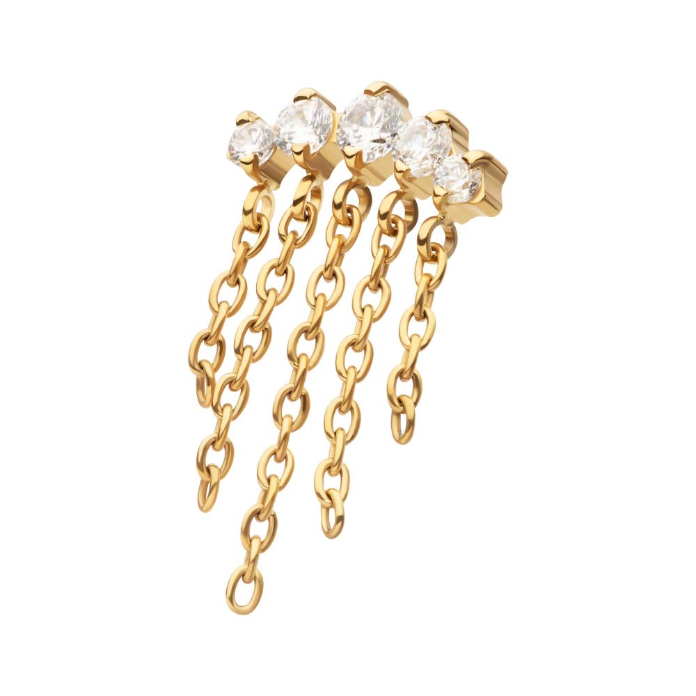 24Kt-Gold PVD Titanium Internally Threaded 5-Cluster Round AAA CZ Top with 5 Dangle Chains