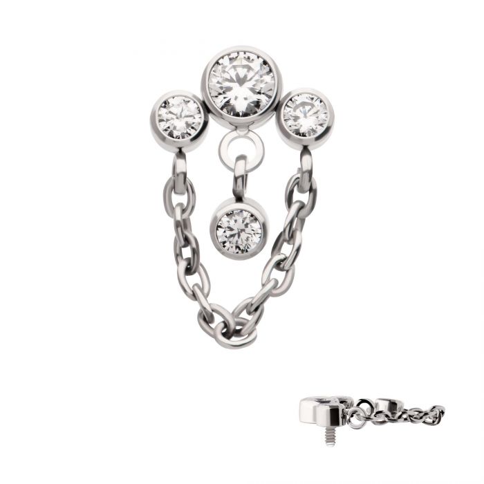 Titanium Internally Threaded 3-Curved Cluster Bezel Round CZ Top with Chain & Gem Dangles