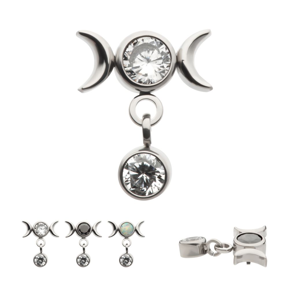 Titanium Internally Threaded Dangle Bezel Round CZ Triple Moon Phase Gem Top 