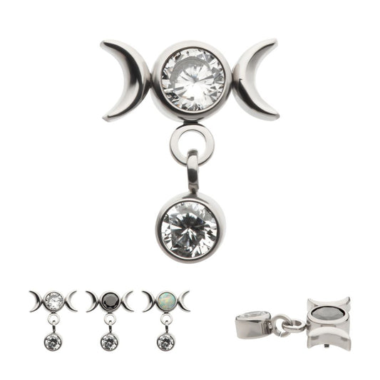 Titanium Internally Threaded Dangle Bezel Round CZ Triple Moon Phase Gem Top 