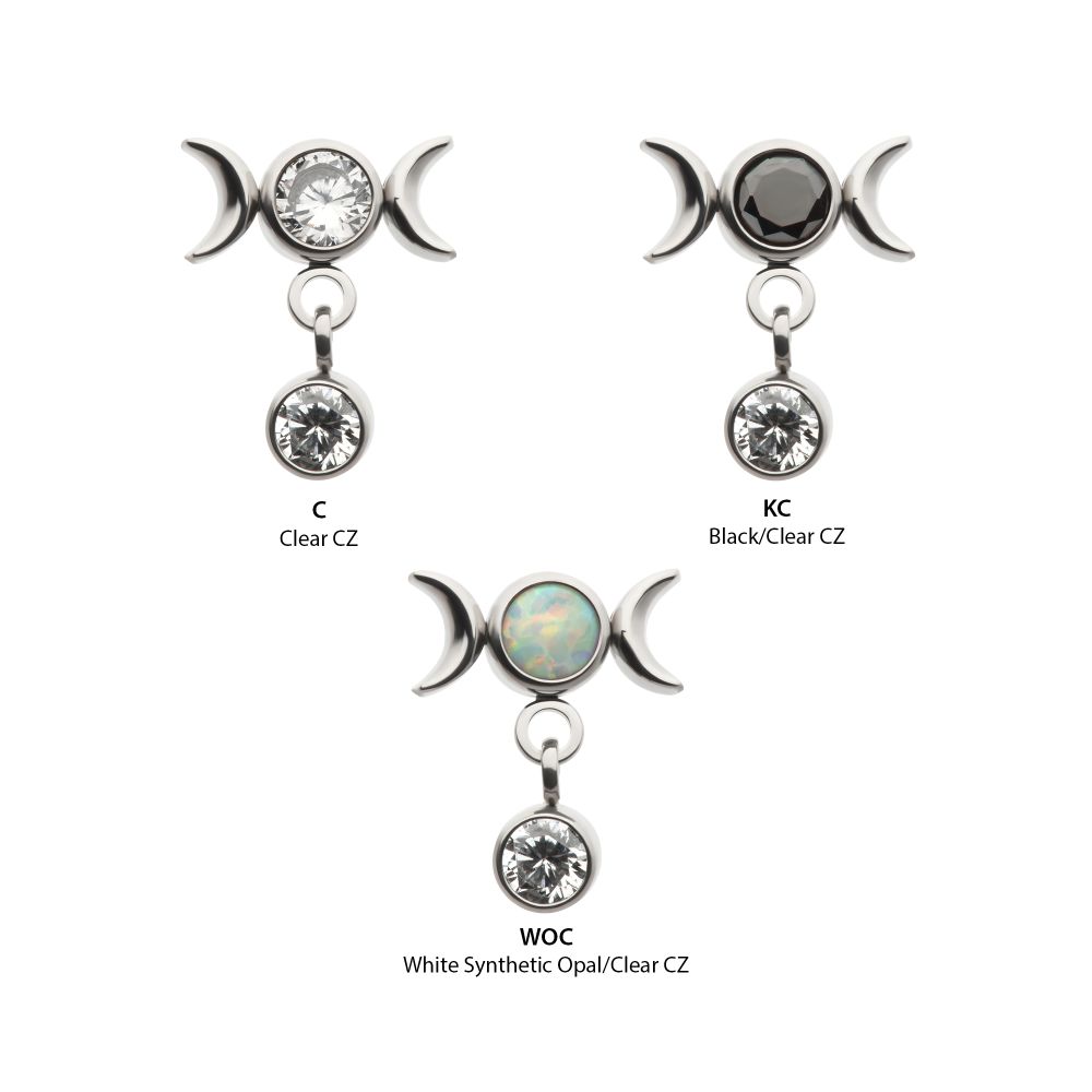 Titanium Internally Threaded Dangle Bezel Round CZ Triple Moon Phase Gem Top 