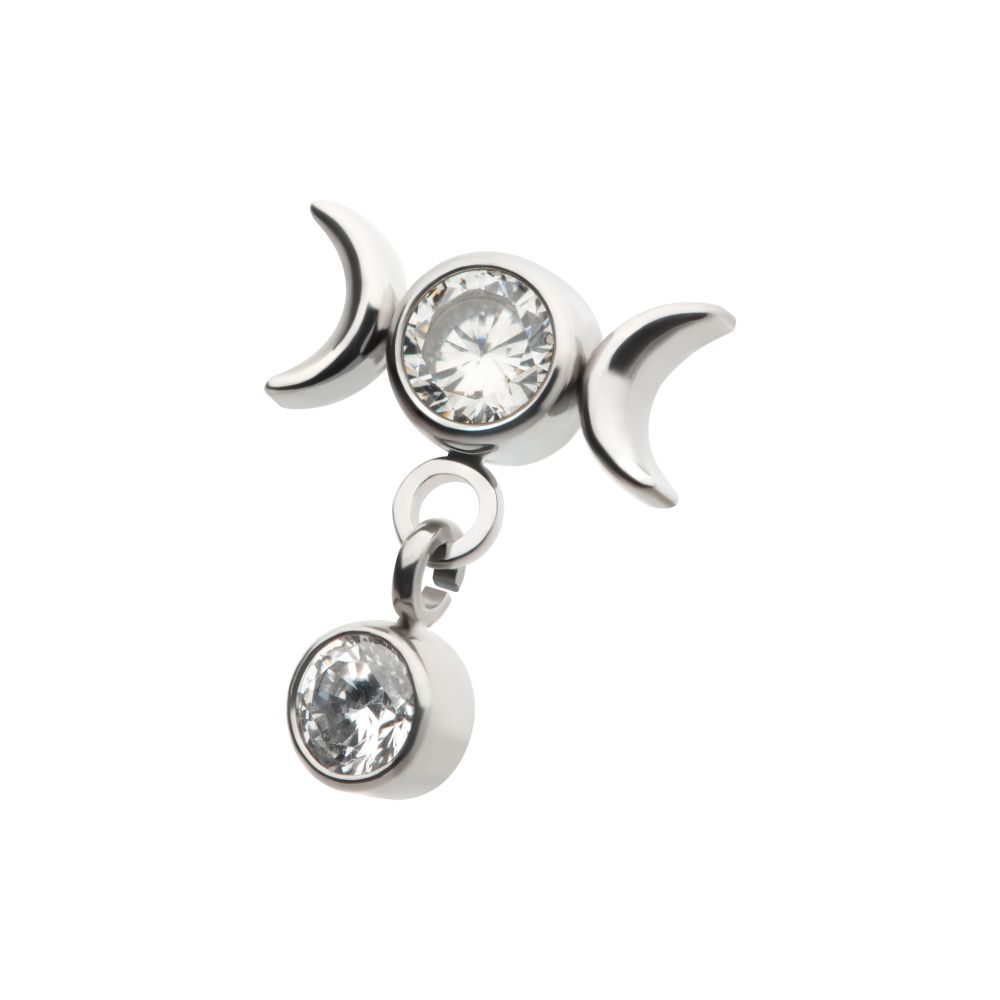 Titanium Internally Threaded Dangle Bezel Round CZ Triple Moon Phase Gem Top 