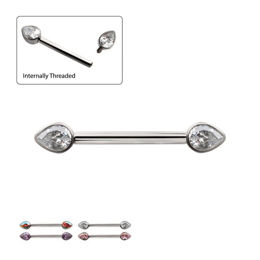 Titanium Bezel Set Teardrop Gem End Nipple Barbell (One Side Fixed, One Side Internally Threaded) | Sold by piece