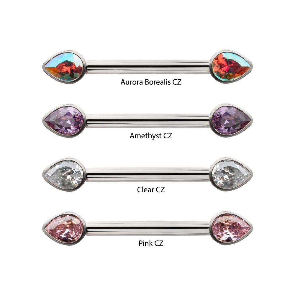 Titanium Bezel Set Teardrop Gem End Nipple Barbell (One Side Fixed, One Side Internally Threaded) | Sold by piece