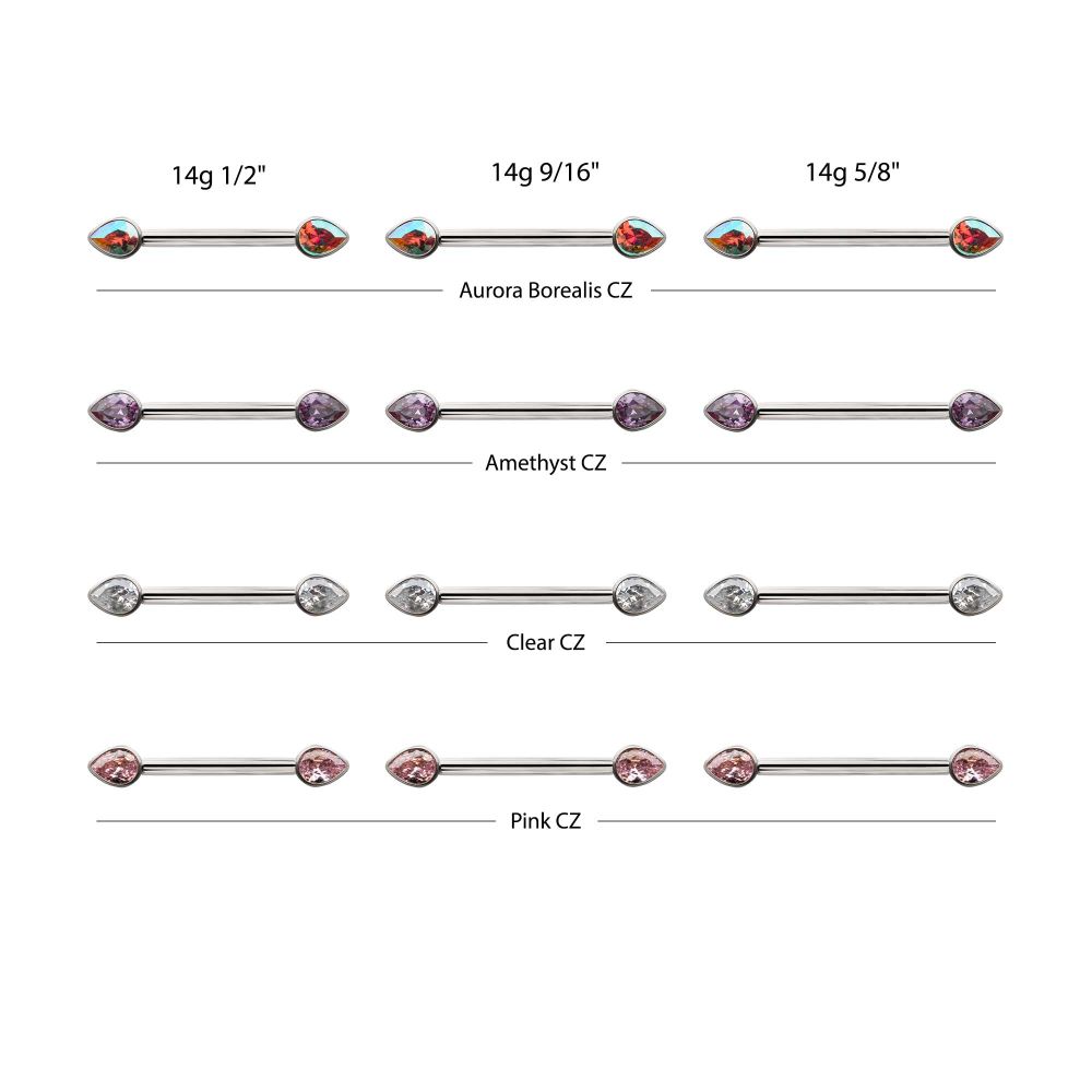 Titanium Bezel Set Teardrop Gem End Nipple Barbell (One Side Fixed, One Side Internally Threaded) | Sold by piece
