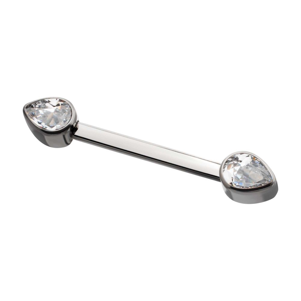 Titanium Bezel Set Teardrop Gem End Nipple Barbell (One Side Fixed, One Side Internally Threaded) | Sold by piece