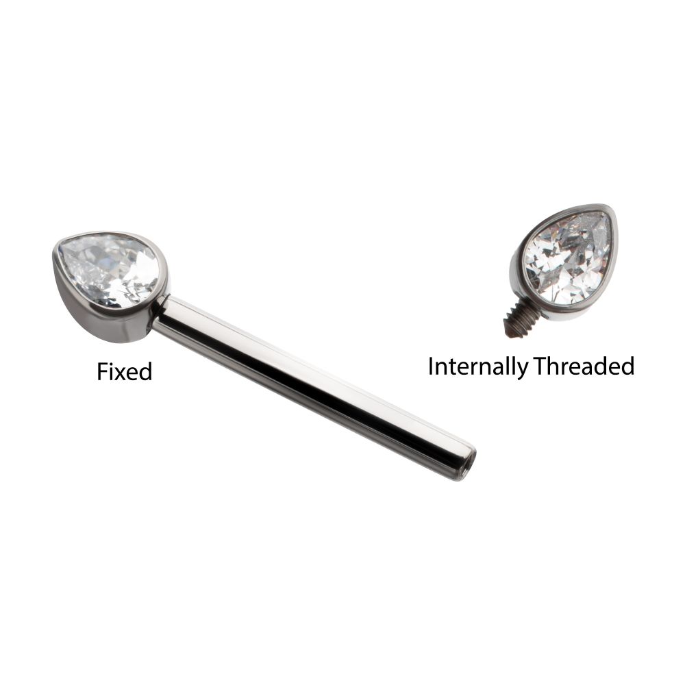 Titanium Bezel Set Teardrop Gem End Nipple Barbell (One Side Fixed, One Side Internally Threaded) | Sold by piece