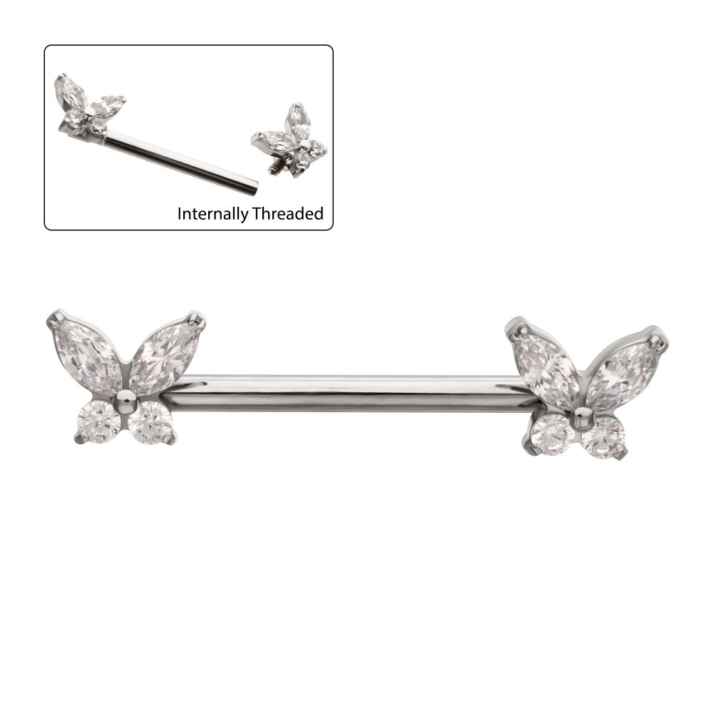 Titanium Internally Threaded Prong Set Butterfly CZ Gem End Nipple Barbell (One Side Fixed, One Side Internally Threaded) | Sold by piece
