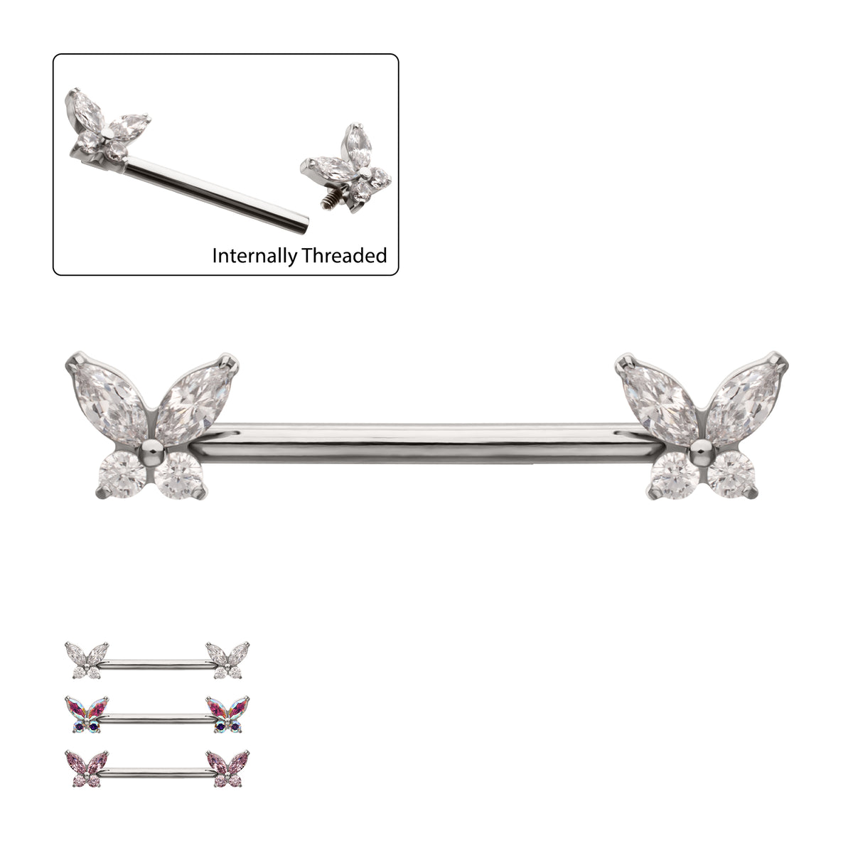 Titanium Internally Threaded Prong Set Butterfly CZ Gem End Nipple Barbell (One Side Fixed, One Side Internally Threaded) | Sold by piece