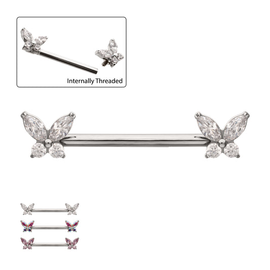 Titanium Internally Threaded Prong Set Butterfly CZ Gem End Nipple Barbell (One Side Fixed, One Side Internally Threaded) | Sold by piece