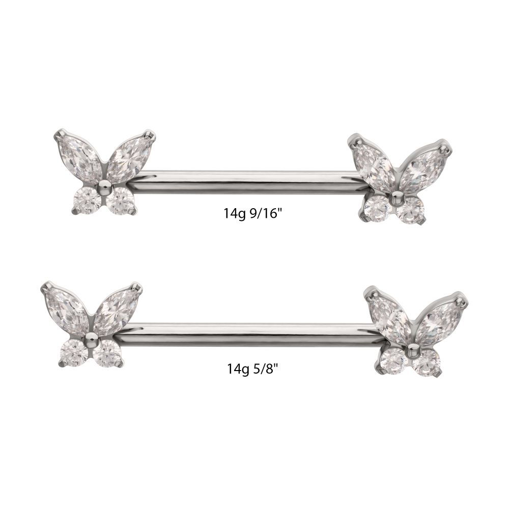 Titanium Internally Threaded Prong Set Butterfly CZ Gem End Nipple Barbell (One Side Fixed, One Side Internally Threaded) | Sold by piece