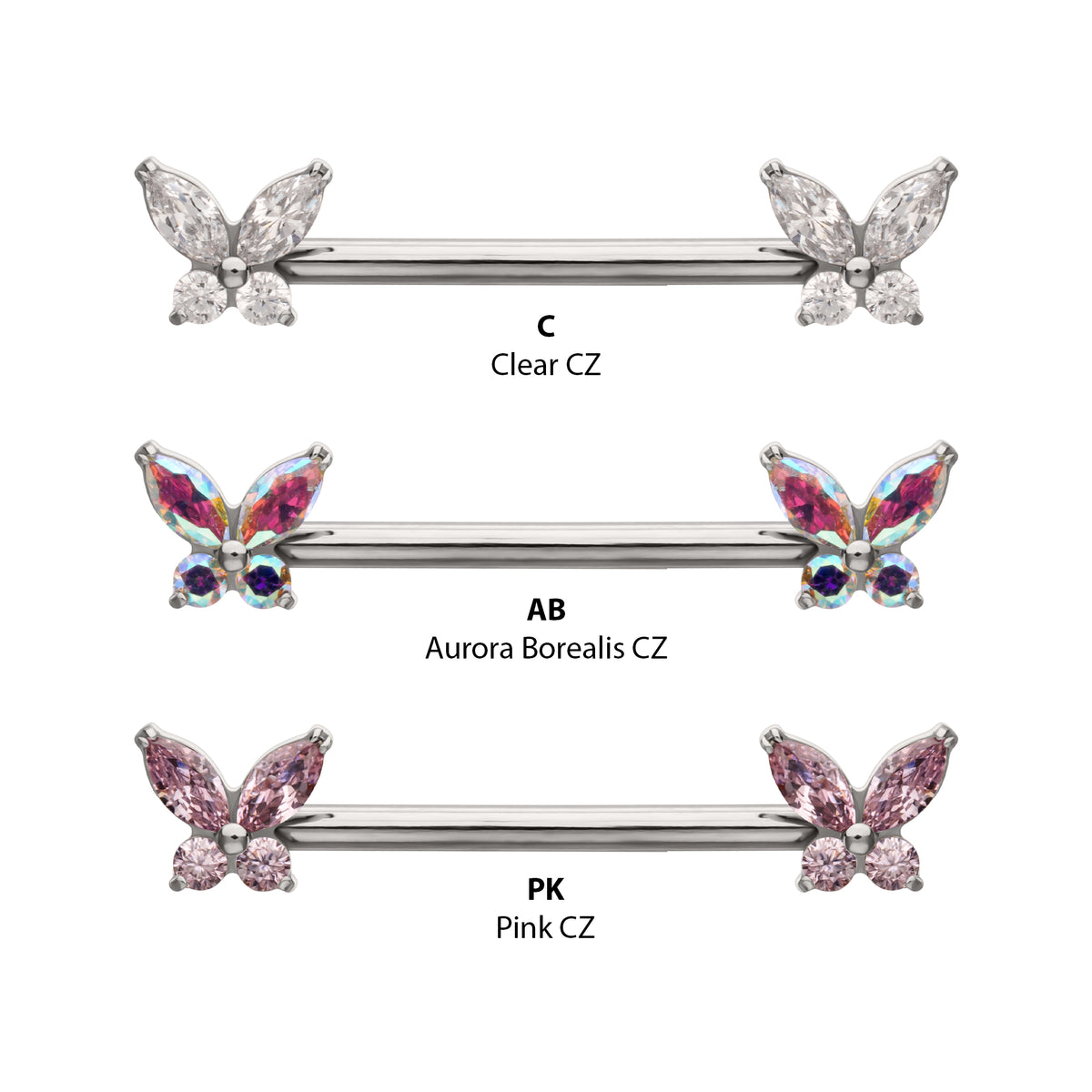 Titanium Internally Threaded Prong Set Butterfly CZ Gem End Nipple Barbell (One Side Fixed, One Side Internally Threaded) | Sold by piece