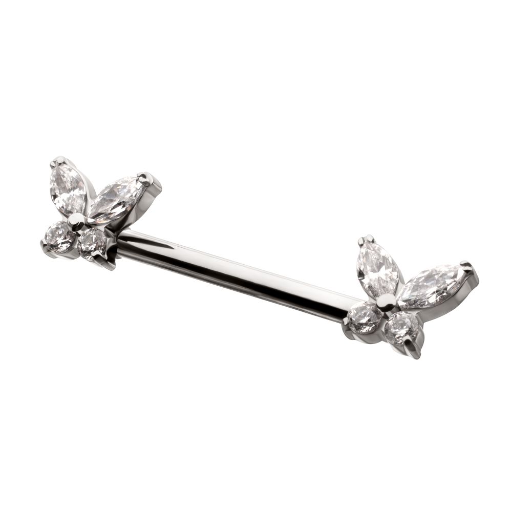 Titanium Internally Threaded Prong Set Butterfly CZ Gem End Nipple Barbell (One Side Fixed, One Side Internally Threaded) | Sold by piece
