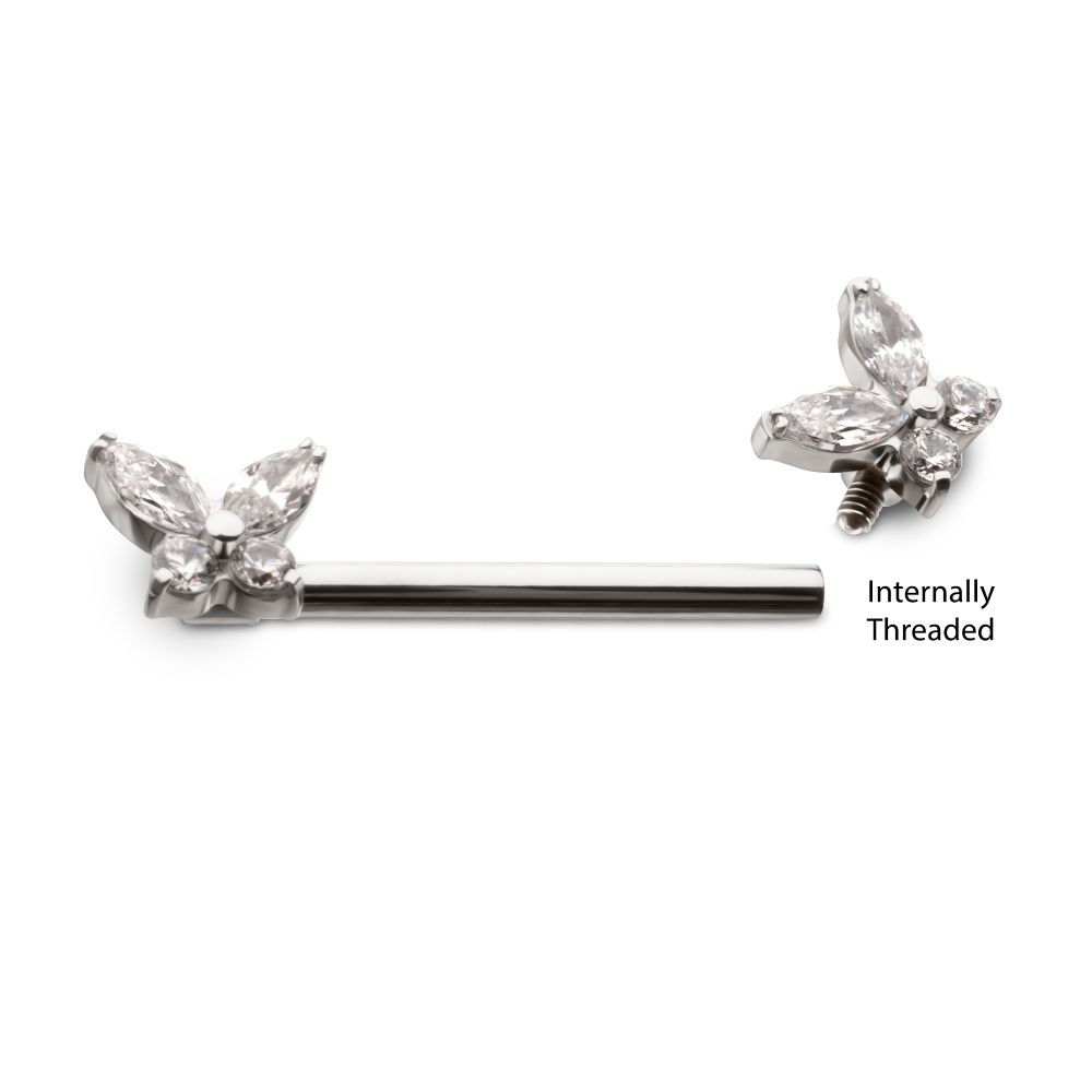 Titanium Internally Threaded Prong Set Butterfly CZ Gem End Nipple Barbell (One Side Fixed, One Side Internally Threaded) | Sold by piece