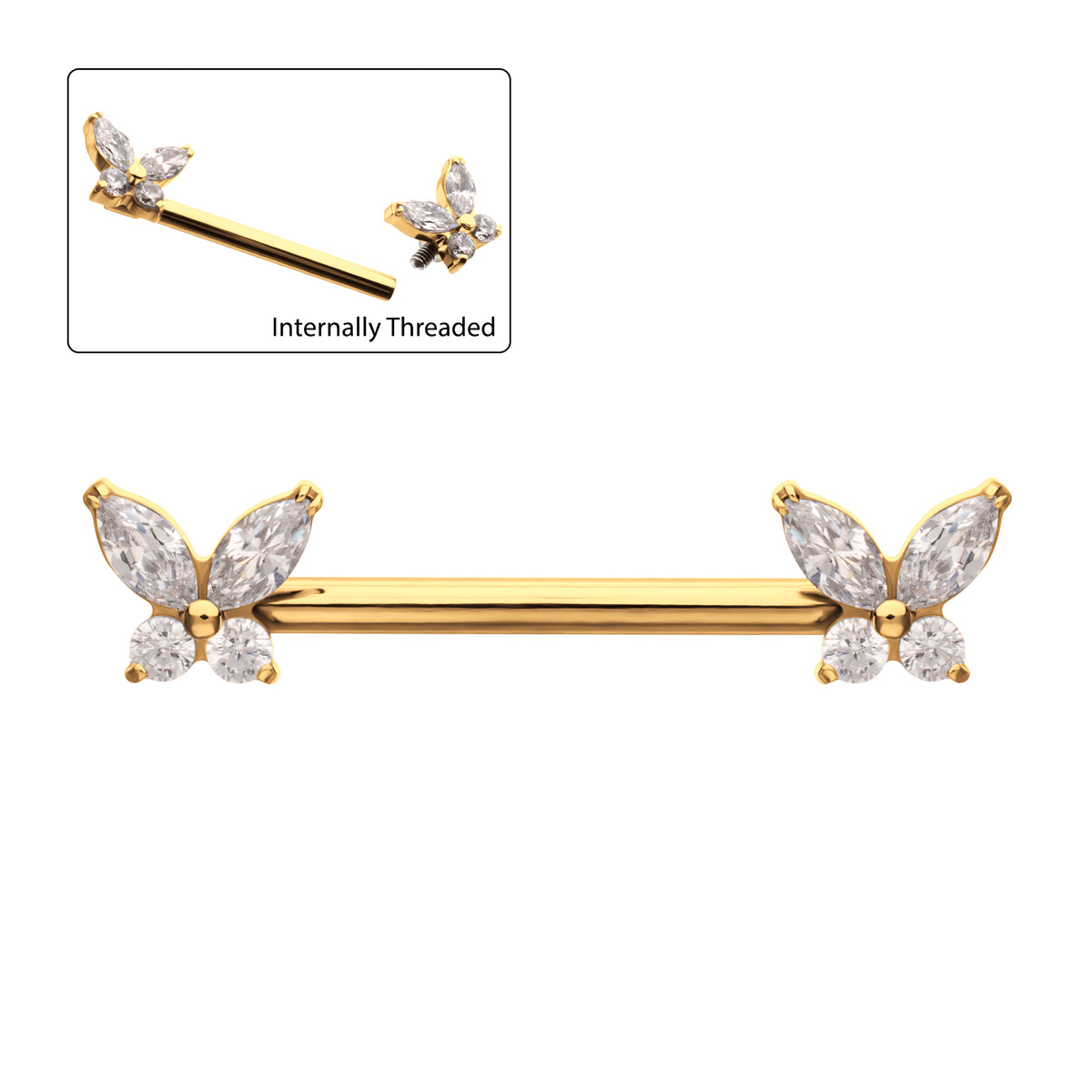 24Kt Gold PVD Titanium Internally Threaded Prong Set Butterfly CZ Gem End Nipple Barbell (One Side Fixed, One Side Internally Threaded) | Sold by piece