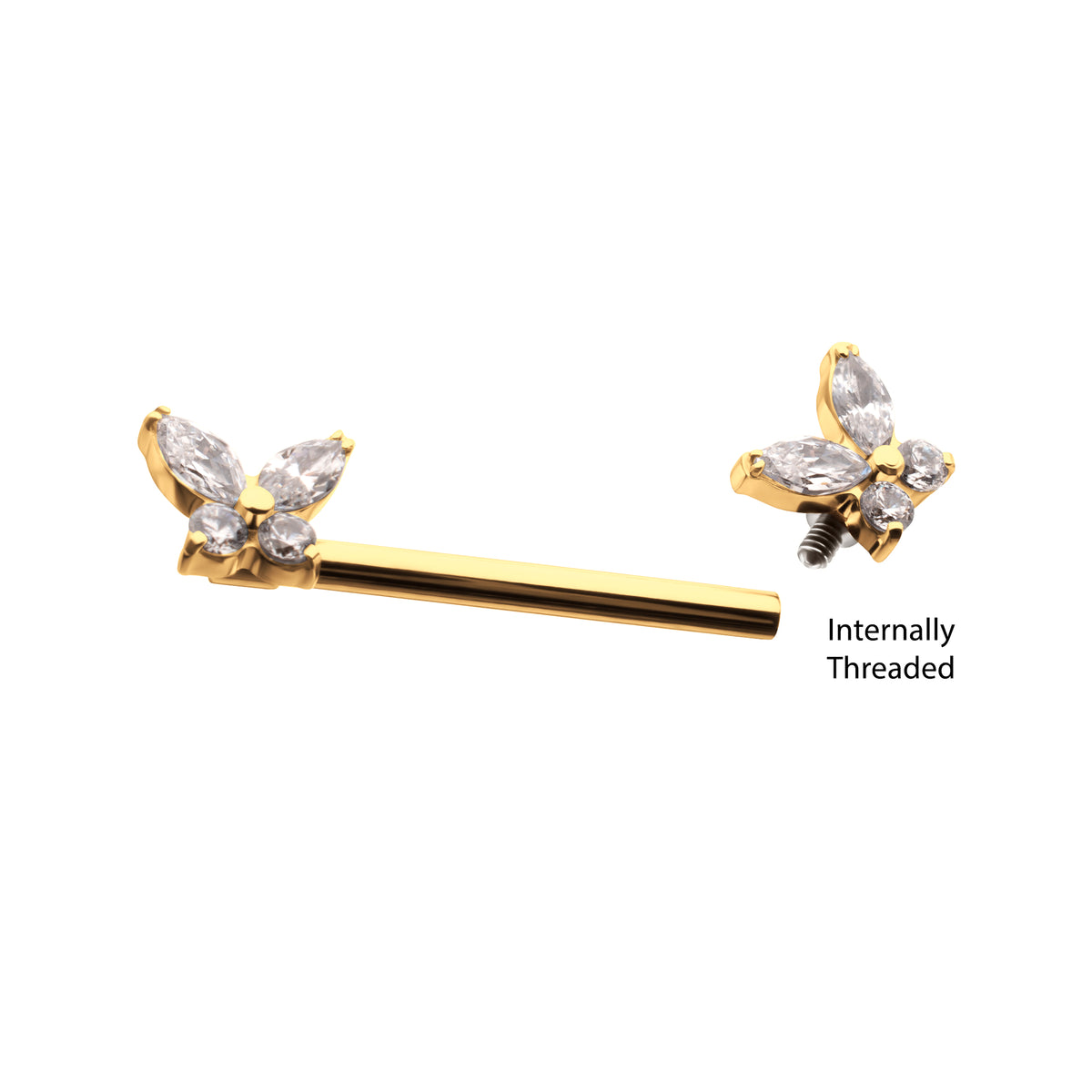 24Kt Gold PVD Titanium Internally Threaded Prong Set Butterfly CZ Gem End Nipple Barbell (One Side Fixed, One Side Internally Threaded) | Sold by piece