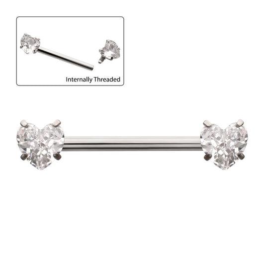 Titanium Internally Threaded Prong Set Heart CZ Gem End Nipple Barbell (One Side Fixed, One Side Internally Threaded) | Sold by piece