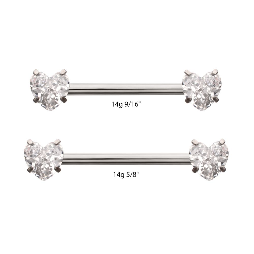 Titanium Internally Threaded Prong Set Heart CZ Gem End Nipple Barbell (One Side Fixed, One Side Internally Threaded) | Sold by piece