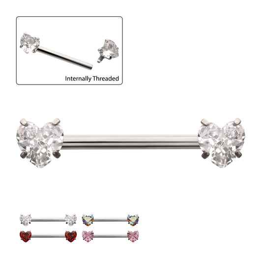 Titanium Internally Threaded Prong Set Heart CZ Gem End Nipple Barbell (One Side Fixed, One Side Internally Threaded) | Sold by piece