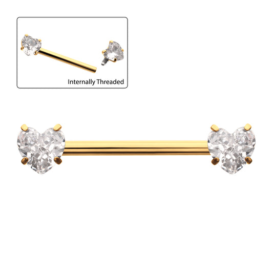 24Kt Gold PVD Titanium Internally Threaded Prong Set Heart CZ Gem End Nipple Barbell (One Side Fixed, One Side Internally Threaded) | Sold by piece