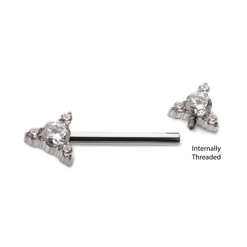 Titanium Internally Threaded Prong Set CZ Gem Triangle Shape End Nipple Barbell (One Side Fixed, One Side Internally Threaded) | Sold by piece